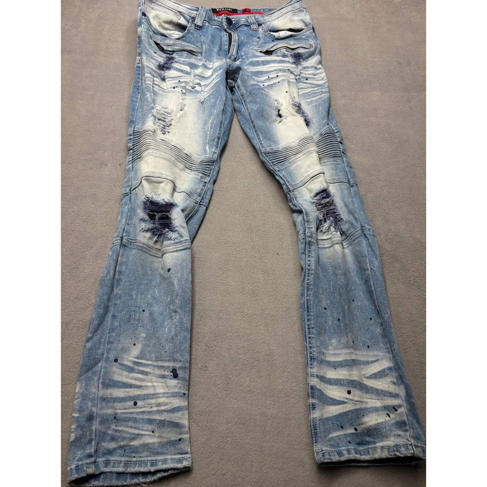 Makobi Mens 34x32 Distressed Biker Moto Jeans Acid Wash Paint Splatter M1924